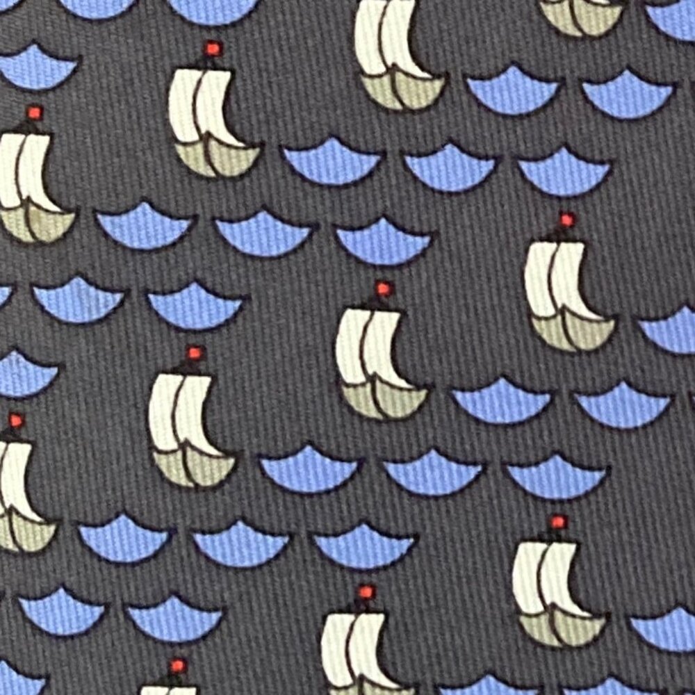 100% REAL HERMES TIE ~ CHARCOAL GRAY FUN BLUE WHITE OLD TIME FRENCH SHIP BOAT XL